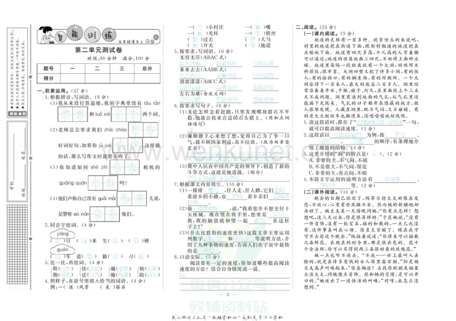 小学智能训练五年级上册语文人教版试卷去答案版.pdf_第3页